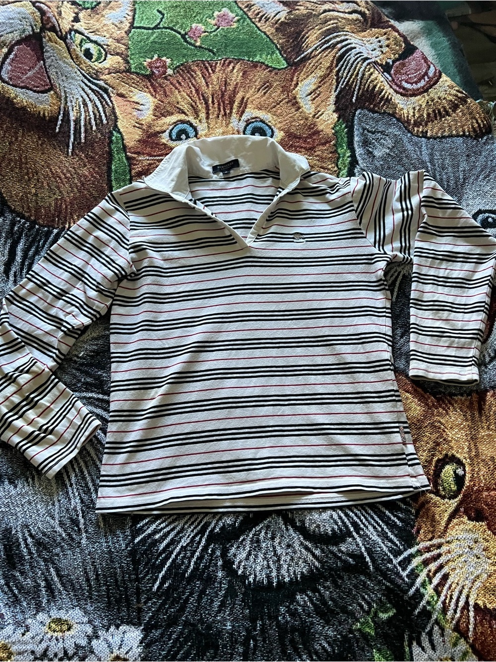 Burberry Long-Sleeve Striped Polo Shirt - White with Black & Red Stripes